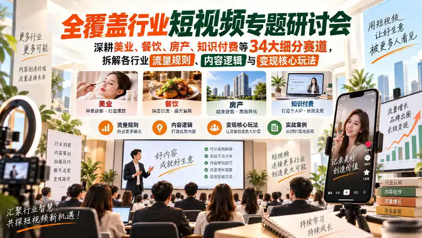 短视频专题研讨会,深耕美业、餐饮、房产、知识付费等34大细分赛道,拆解各行业流量规则、内容逻辑与变现核心玩法