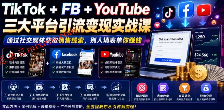 TikTok+FB+YouTube三大平台引流变现实战课,通过社交媒体获取销售线索,别人填表单你賺钱【原创双语字幕】