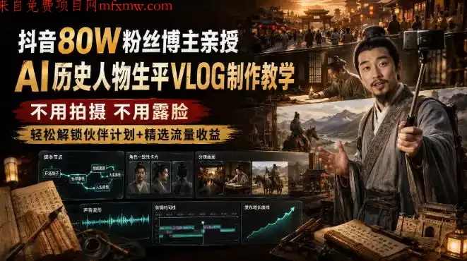 抖音80W粉丝博主的AI历史人物生平VLOG教学,不用拍摄不用露脸,AI帮你搞定,轻松解锁伙伴计划+精选收益