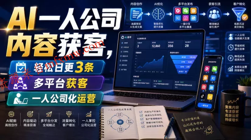 AI一人公司内容获客，轻松日更3条，多平台获客，一人公司化运营