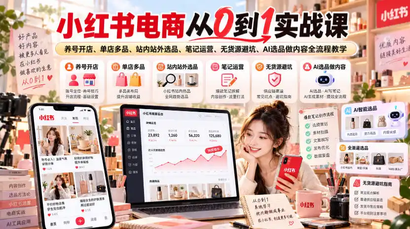 小红书电商从0到1实战课｜养号开店、单店多品、站内站外选品、笔记运营、无货源避坑、AI选品做内容全流程教学-免费项目网