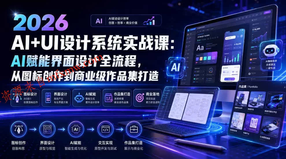 2026 AI+UI设计系统实战课：AI赋能界面设计全流程，从图标创作到商业级作品集打造