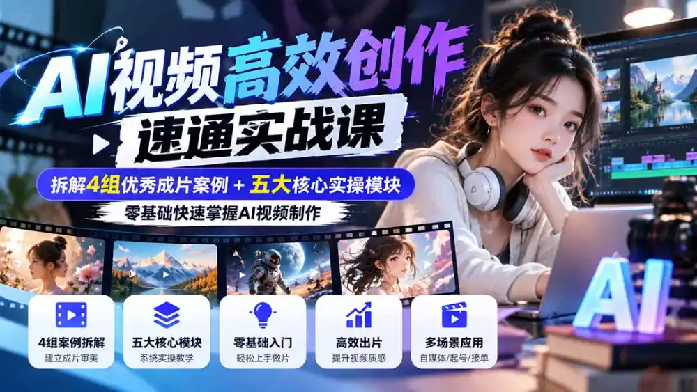 【无水印】AI视频高效创作速通实战课:拆解4组优秀成片案例+五大核心实操模块,零基础快速掌握AI视频制作-免费项目网
