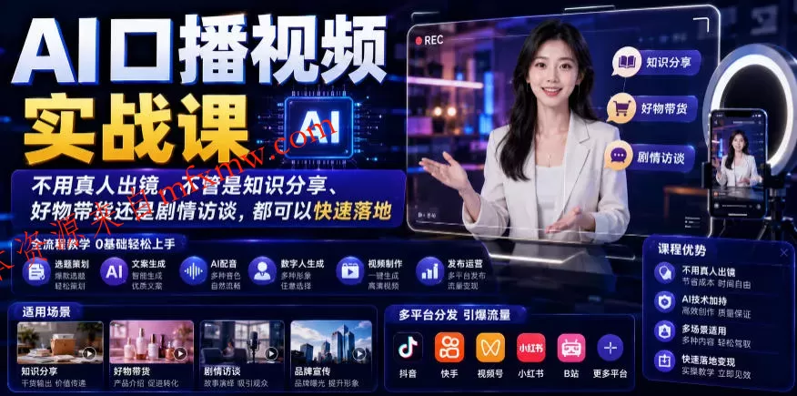 AI口播视频实战课，不用真人出镜，不管是知识分享、好物带货还是剧情访谈，都可以快速落地