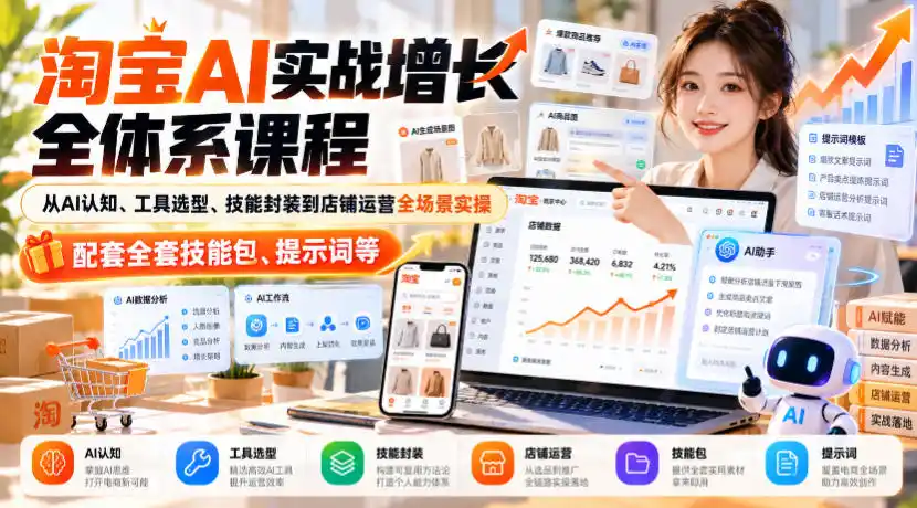 淘宝AI实战增长全体系课程,从AI认知、工具选型、技能封装到店铺运营全场景实操,配套全套技能包、提示词等