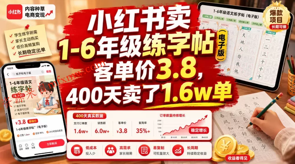 小红书卖1-6年级练字帖（电子版），客单价3.8，400天卖了1.6w单