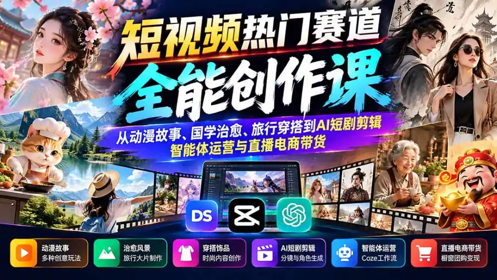 短视频热门赛道全能创作课：从动漫故事、国学治愈、旅行穿搭到AI短剧剪辑、智能体运营与直播电商带货-免费项目网