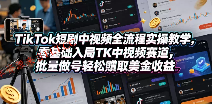 TikTok短剧中视频全流程实操教学，零基础入局TK中视频赛道，批量做号轻松賺取美金收益