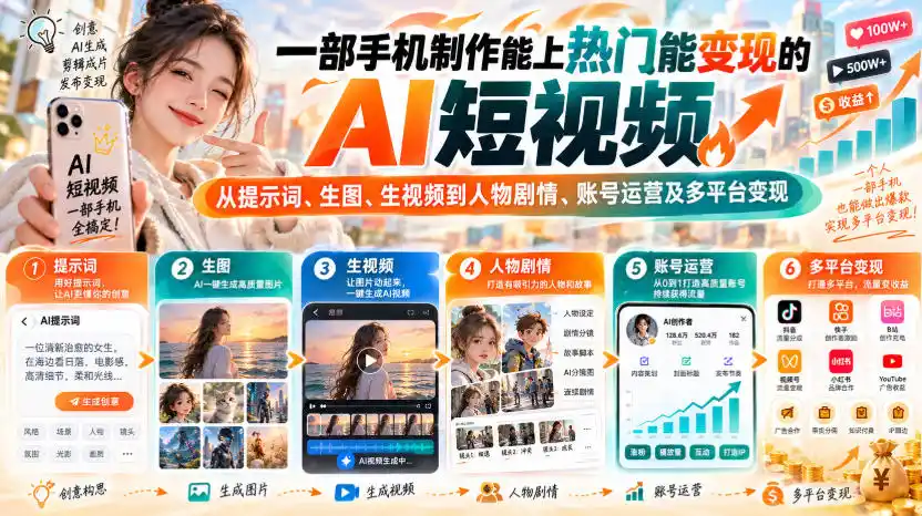 【无水印】一部手机制作能上热门能变现的AI短视频，从提示词、生图、生视频到人物剧情、账号运营及多平台变现-免费项目网