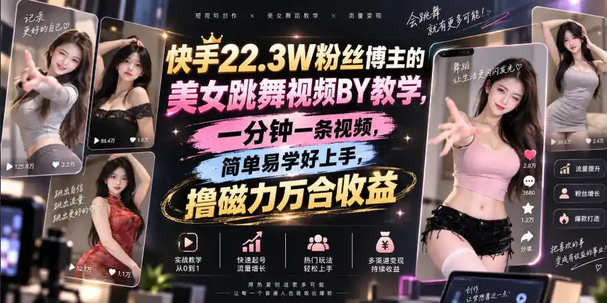 快手22.3W粉丝博主的美女跳舞视频搬运教学,快手MT搬运,一分钟一条视频,简单易学好上手,撸磁力万合收益