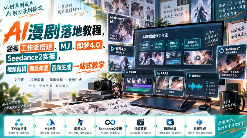 AI漫剧落地教程，涵盖工作流搭建、MJ、即梦4.0、Seedance2实操，视频剪辑画质修复音频生成一站式教学-免费项目网