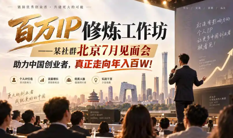 百万IP修炼工作坊——某社群北京7月见面会,助力中国创业者,真正走向年入百W!