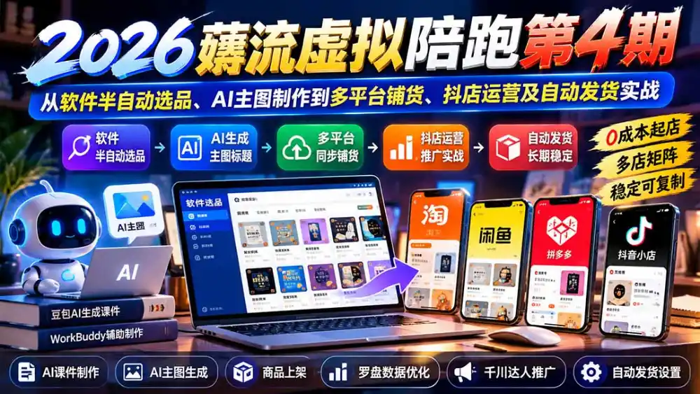 2026薅流虚拟陪跑第4期：从软件半自动选品、AI主图制作到多平台铺货、抖店运营及自动发货实战-免费项目网