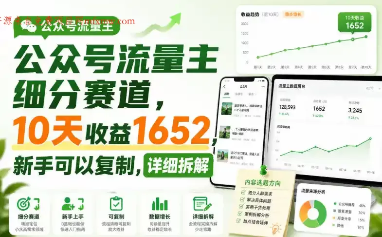 公众号流量主细分赛道,10天收益1652,新手可以复制,详细拆解