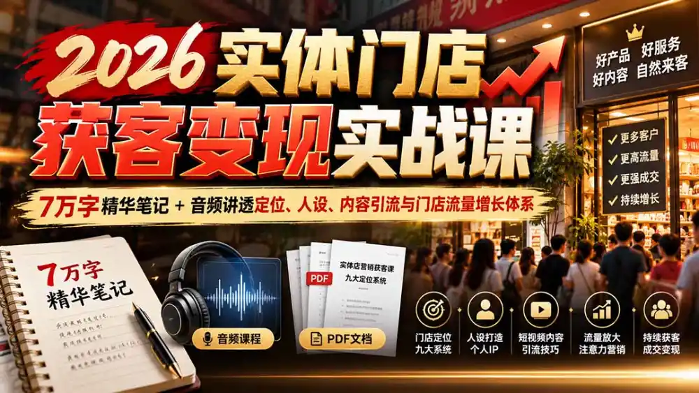 2026实体门店获客变现实战课:7万字精华笔记+音频讲透定位、人设、内容引流与门店流量增长体系-免费项目网