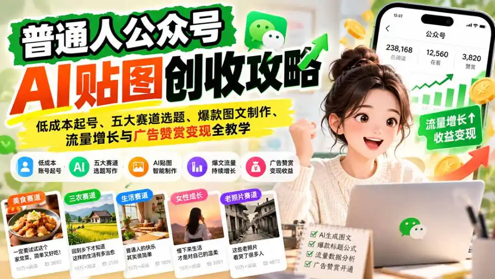 普通人公众号AI贴图创收攻略:低成本起号、五大赛道选题、爆款图文制作、流量增长与广告赞赏变现全教学-免费项目网