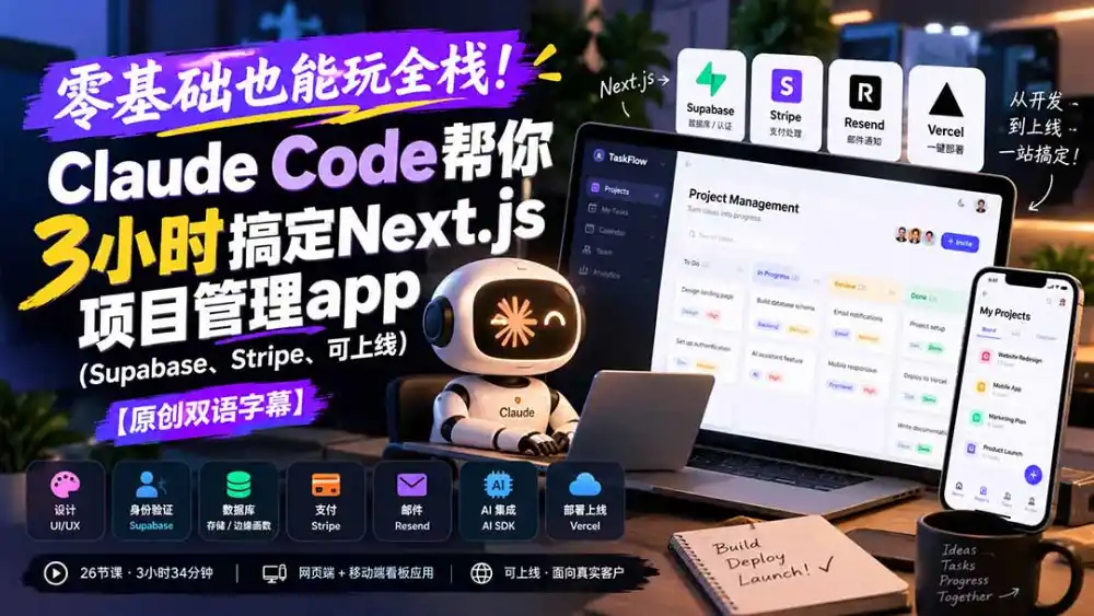 零基础也能玩全栈!Claude Code帮你3小时搞定Next.js项目管理app(Supabase、Stripe、可上线-免费项目网