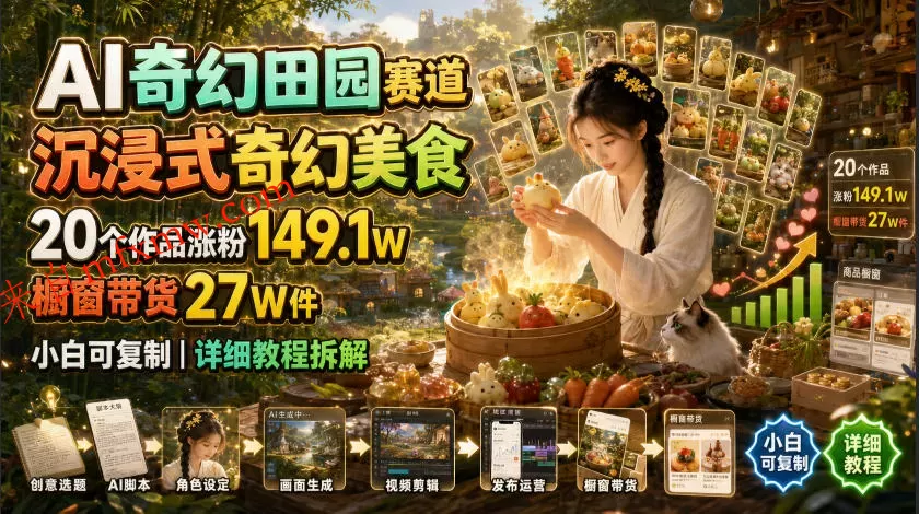 AI奇幻田园赛道,沉浸式奇幻美食,20个作品涨粉149.1W,橱窗带货27W件,小白可复制,详细教程拆解