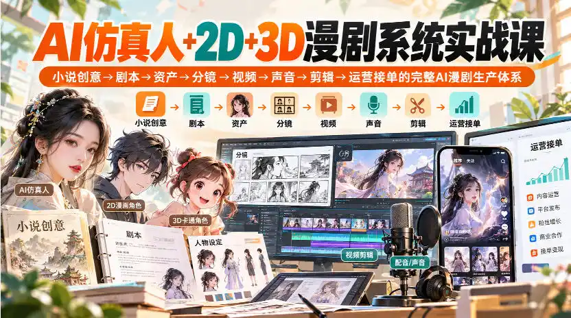 【无水印】AI仿真人+2D+3D漫剧系统实战课,小说创意→剧本→资产→分镜→视频→声音→剪辑→运营接单的完整AI漫剧生产体系