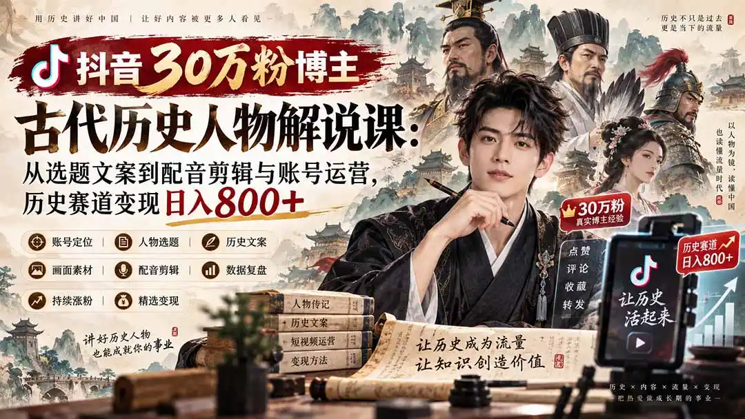 抖音30万粉博主古代历史人物解说课：从选题文案到配音剪辑与账号运营，历史赛道变现日入800+-免费项目网