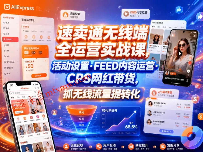 速卖通无线端全运营实战课,活动设置・FEED内容运营・CPS网红带货,抓无线流量提转化