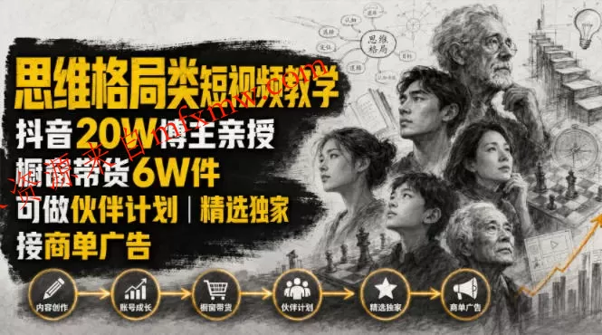 人性思维格局类短视频教学，抖音20W博主亲授，橱窗带货6W件，可做伙伴计划、精选独家、接商单广告
