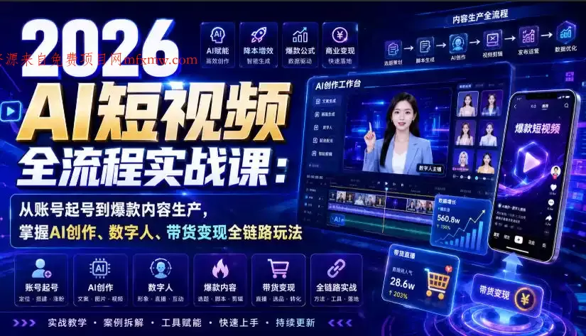 2026 AI短视频全流程实战课:从账号起号到爆款内容生产,掌握AI创作、数字人、带货变现全链路玩法