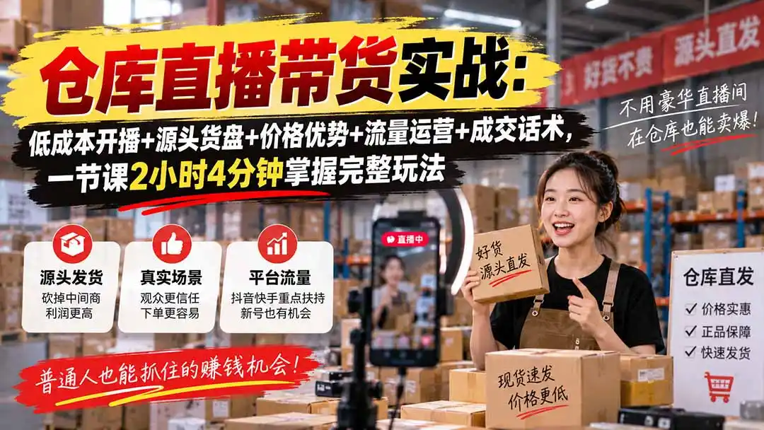 仓库直播带货实战：低成本开播+源头货盘+价格优势+流量运营+成交话术，一节课2小时4分钟掌握完整玩法-免费项目网