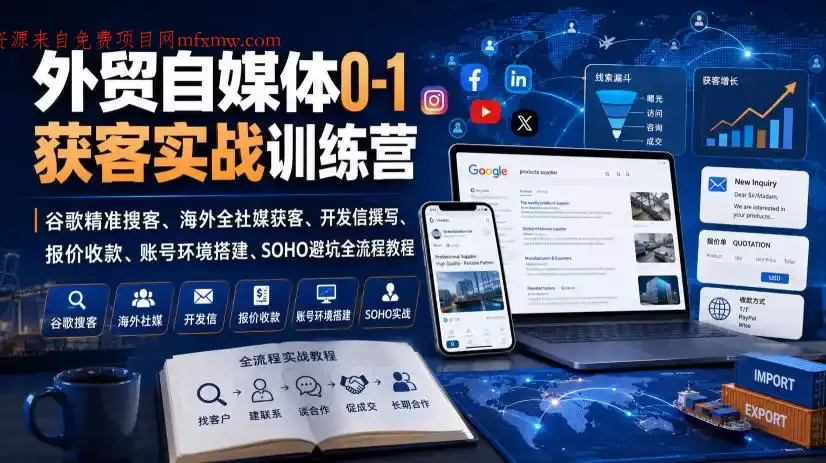 外贸自媒体0-1获客实战训练营|谷歌精准搜客、海外全社媒获客、开发信撰写、报价收款、账号环境搭建、SOHO避坑全流程教程(更新)