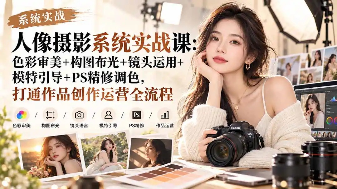 【无水印】人像摄影系统实战课：色彩审美+构图布光+镜头运用+模特引导+PS精修调色，打通作品创作运营全流程-免费项目网