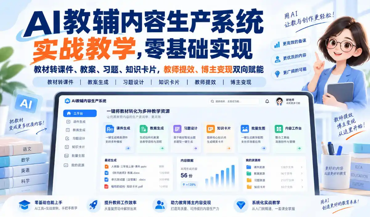 AI教辅内容生产系统实战教学,零基础实现教材转课件、教案、习题、知识卡片,教师提效、博主变现双向赋能