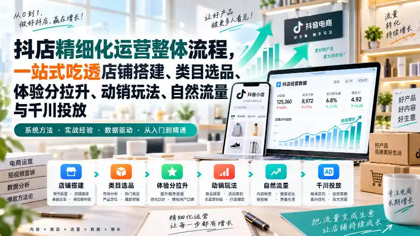 李哥电商-抖店精细化运营整体流程，一站式吃透店铺搭建、类目选品、体验分拉升、动销玩法、自然流量与千川投放-免费项目网