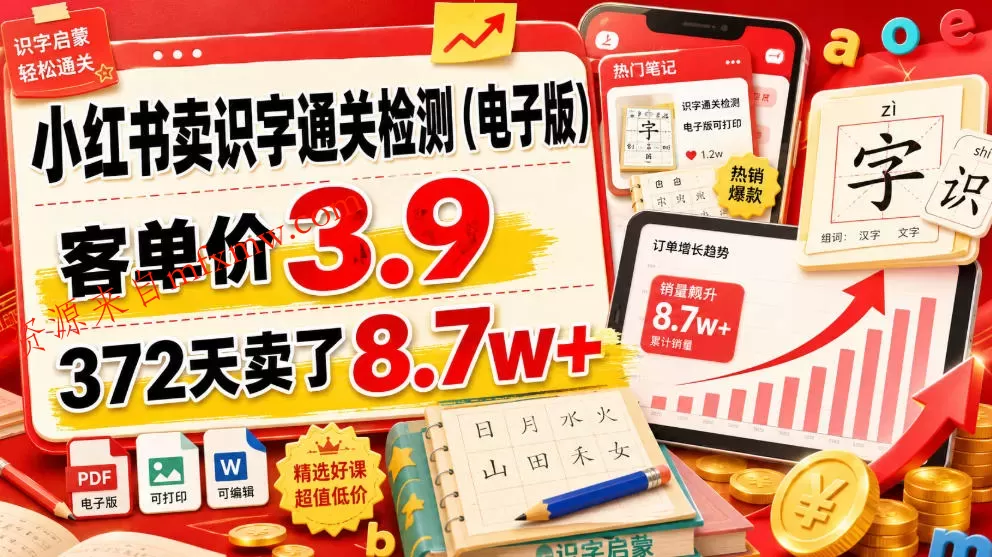 小红书卖识字通关检测(电子版),客单价3.9,372天卖了8.7w+