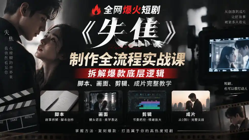 全网爆火短剧《失焦》制作全流程实战课｜拆解爆款底层逻辑，脚本、画面、剪辑、成片完整教学-免费项目网