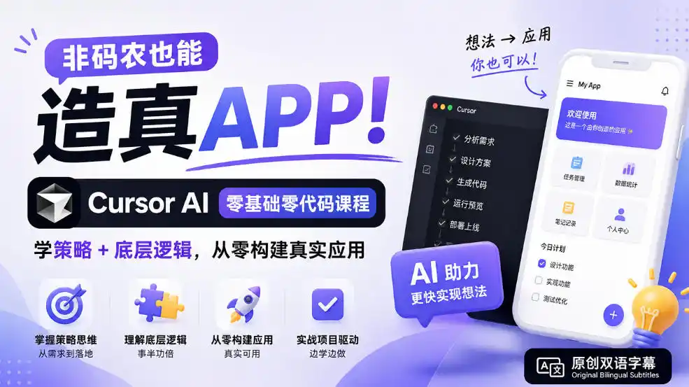 非码农也能造真APP！Cursor AI零基础零代码课程：学策略+底层逻辑，从零构建真实应用【原创双语字幕】-免费项目网