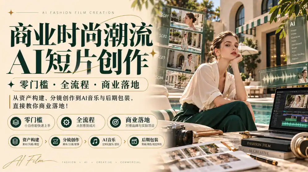 商业时尚潮流AI短片创作|零门槛・全流程・商业落地,从资产构建、分镜创作到AI音乐与后期包装,直接教你商业落地!-免费项目网