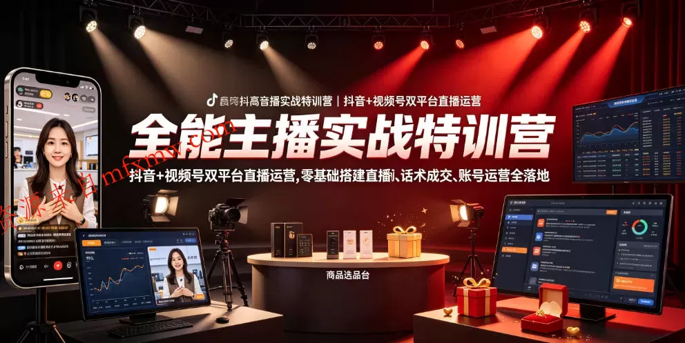 全能主播实战特训营|抖音+视频号双平台直播运营,零基础搭建直播间、精准选品、话术成交、账号运营全落地