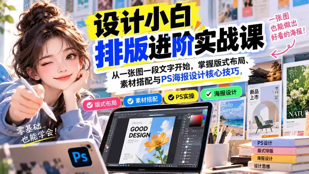 设计小白排版进阶实战课:从一张图一段文字开始,掌握版式布局、素材搭配与PS海报设计核心技巧-免费项目网