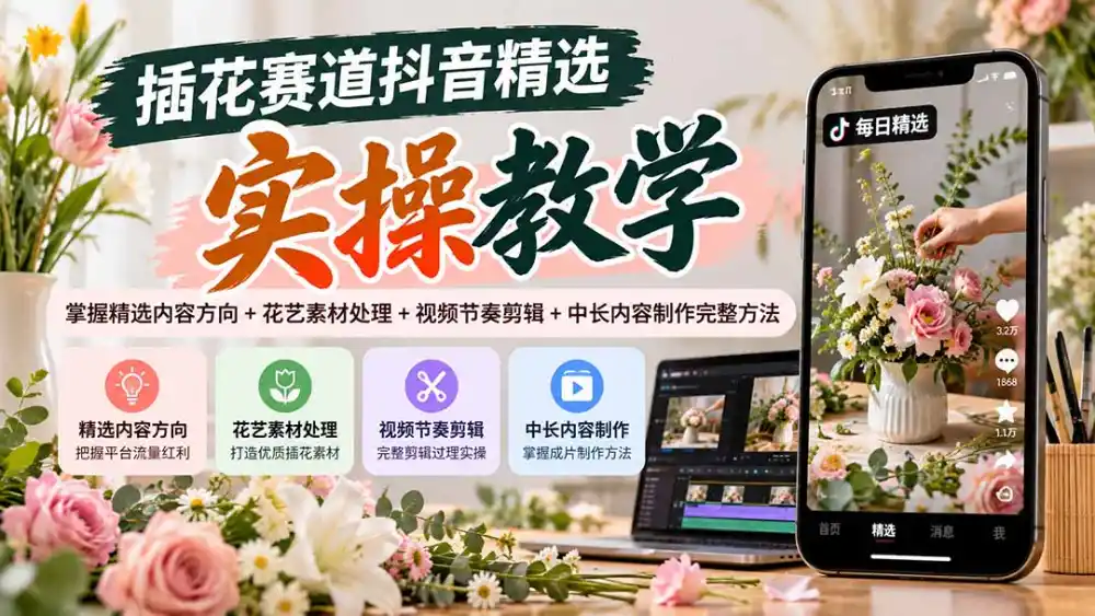 插花赛道抖音精选实操教学：掌握精选内容方向+花艺素材处理+视频节奏剪辑+中长内容制作完整方法-免费项目网