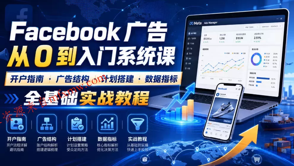 Facebook广告新手从0到入门系统课|开户指南・广告结构・计划搭建・数据指标全基础实战教程