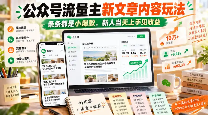 公众号流量主新文章内容玩法,条条都是小爆款,新人当天上手见收益-免费项目网