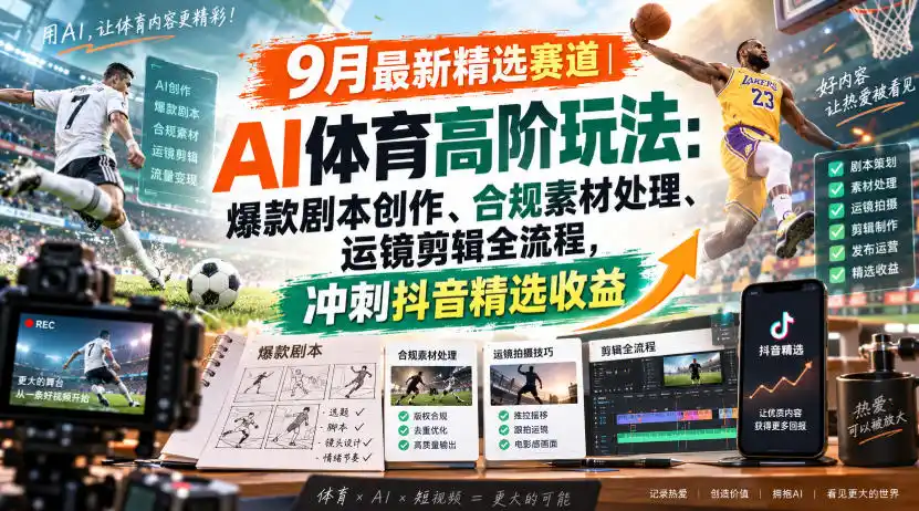 某大佬的9月最新精选赛道之AI体育顶级玩法,爆款剧本创作、版权规避、运镜剪辑全流程,稳拿抖音精选收益-免费项目网