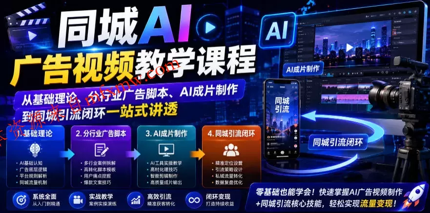 同城AI广告视频教学课程,从基础理论、分行业广告脚本、AI成片制作到同城引流闭环一站式讲透