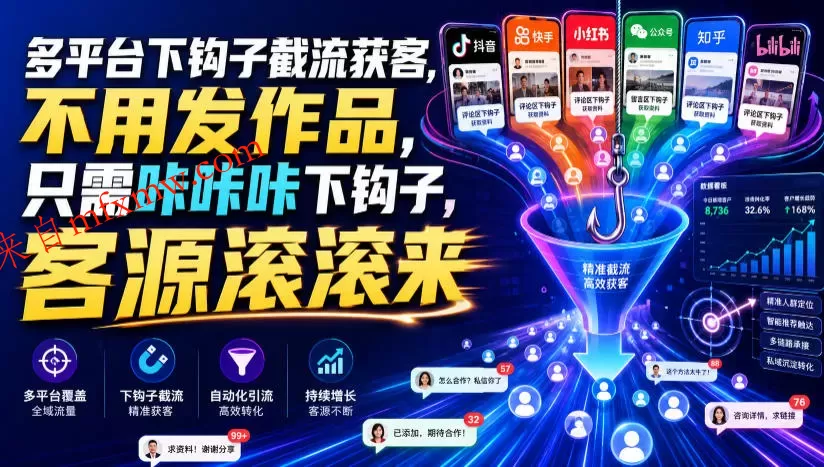 多平台下钩子截流获客，不用发作品，只需咔咔咔下钩子，客源滚滚来
