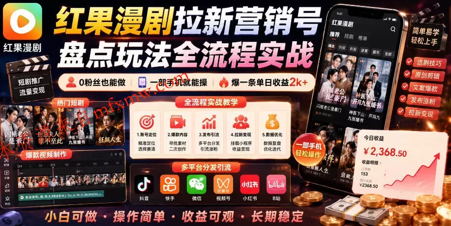红果漫剧拉新营销号盘点玩法全流程实战，0粉丝也能做，一部手机就能做，爆一条单日收益2k+（更新0628）