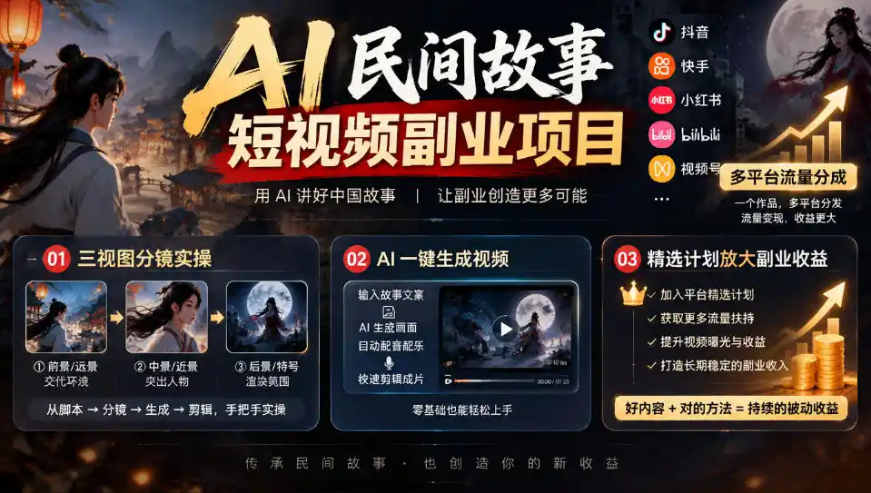 AI民间故事短视频副业项目，多平台流量分成，三视图分镜实操，精选计划放大副业收益-免费项目网