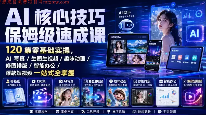 AI核心技巧保姆级速成课|120集零基础实操,AI写真/生图生视频/趣味动画/修图排版/智能办公/爆款短视频一站式全掌握