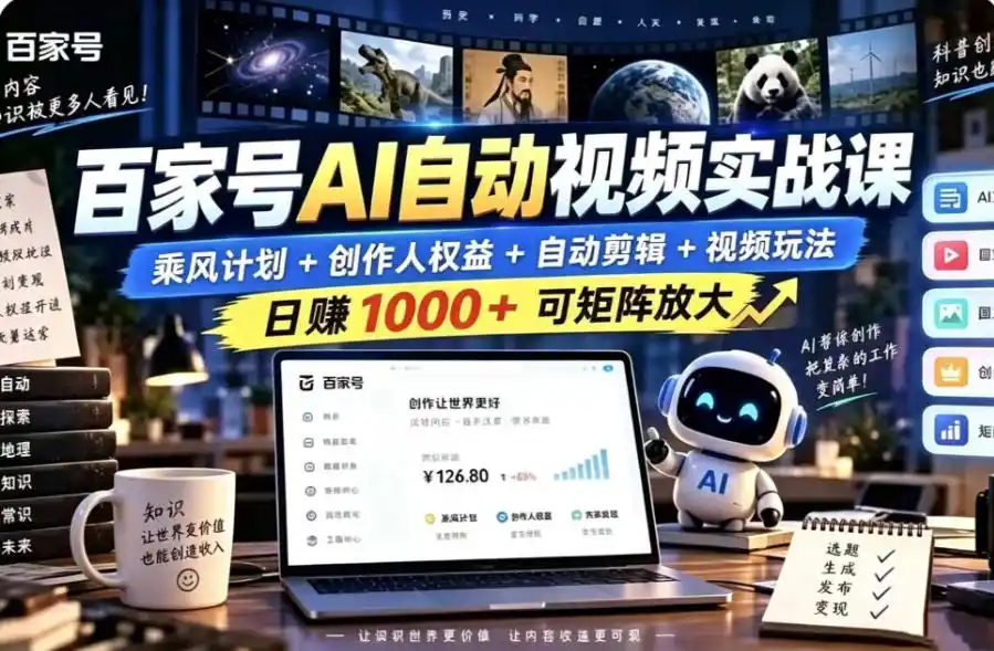 百家号自动矩阵玩法，长期可以做的项目，日入1k+，真正的睡后收入-免费项目网