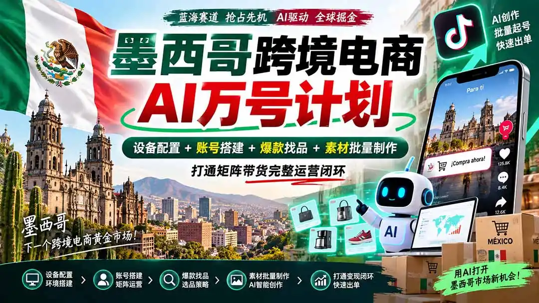 墨西哥AI跨境电商万号计划｜设备配置+账号搭建+爆款找品+素材批量制作，打通矩阵带货完整运营闭环-免费项目网