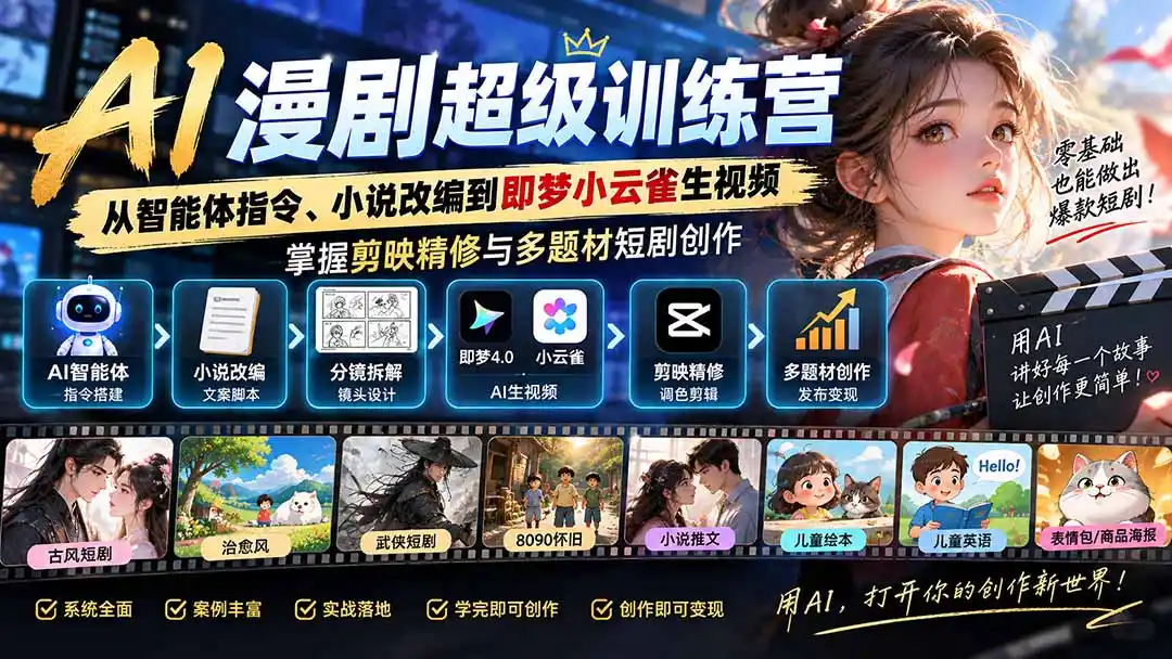 AI漫剧超级特训营：从智能体指令、小说改编到即梦小云雀生视频，掌握剪映精修与多题材短剧创作-免费项目网